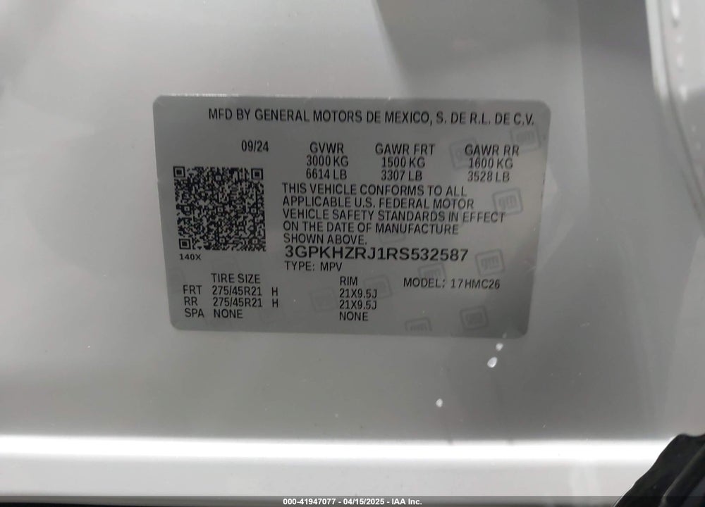 2024 HONDA PROLOGUE VIN: 3GPKHZRJ1RS532587