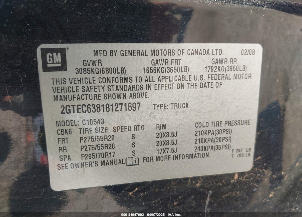 2008 GMC SIERRA 1500 VIN: 2GTEC638181271697