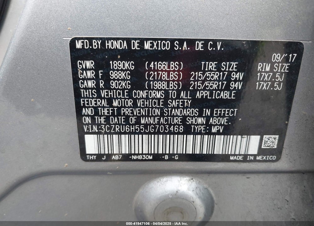 2018 HONDA HR-V VIN: 3CZRU6H55JG703468