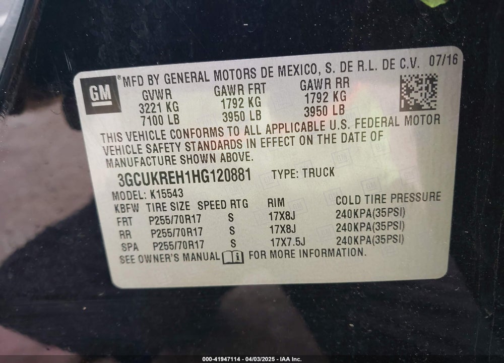 2017 CHEVROLET SILVERADO VIN: 3GCUKREH1HG120881