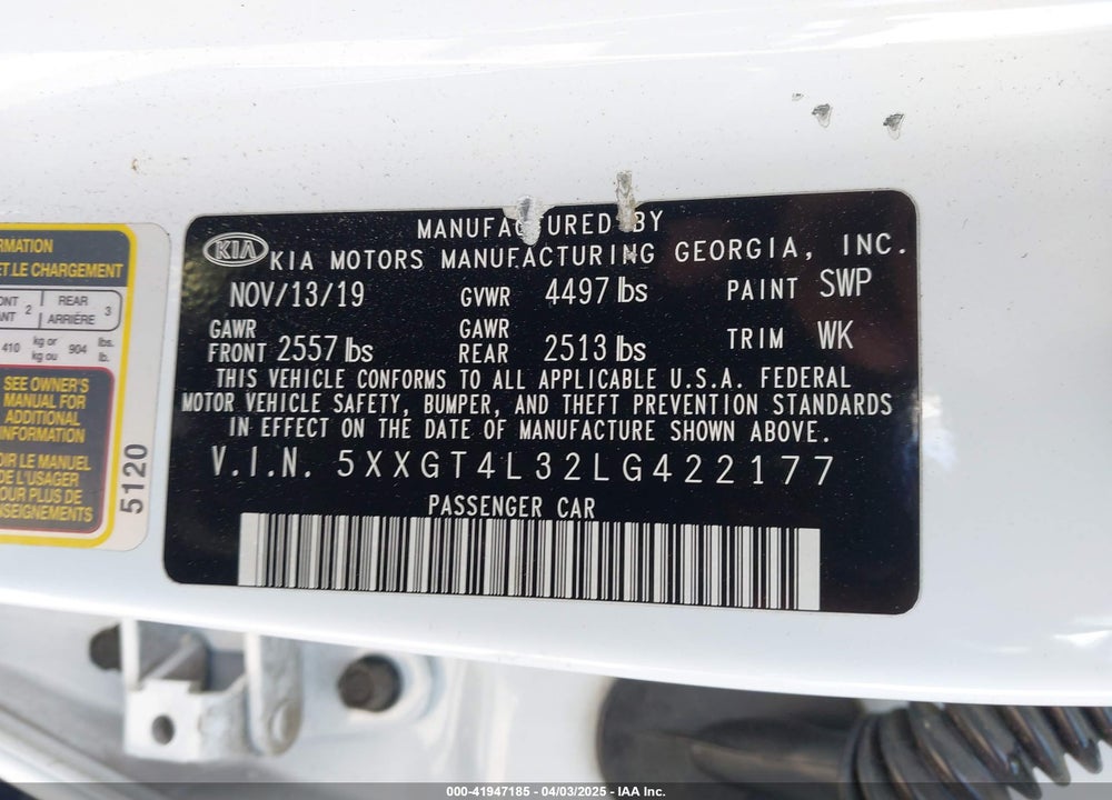2020 KIA OPTIMA VIN: 5XXGT4L32LG422177