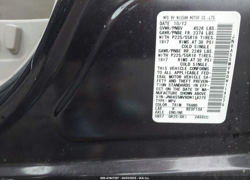 2013 NISSAN ROGUE VIN: JN8AS5MV9DW114278