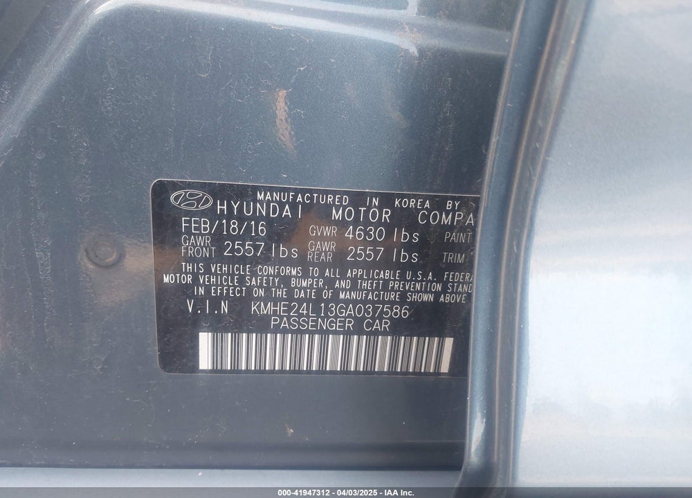 2016 HYUNDAI SONATA HYBRID VIN: KMHE24L13GA037586
