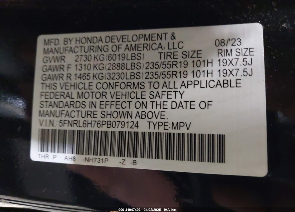 2023 HONDA ODYSSEY SPORT VIN: 5FNRL6H76PB079124
