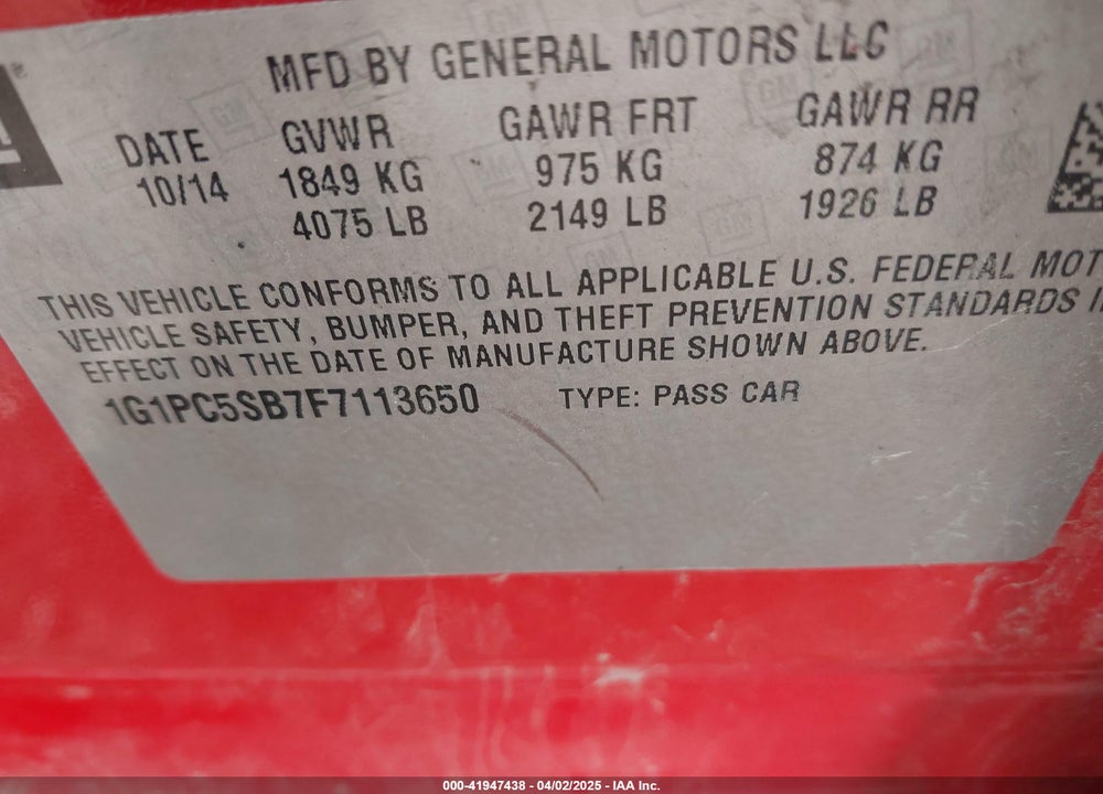 2015 CHEVROLET CRUZE 1LT AUTO VIN: 1G1PC5SB7F7113650