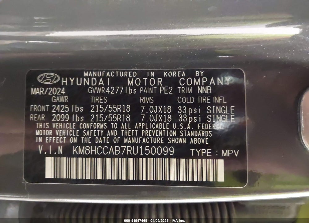 2024 HYUNDAI KONA SEL VIN: KM8HCCAB7RU150099