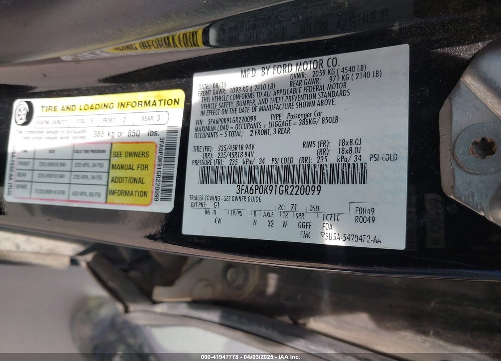 2016 FORD FUSION VIN: 3FA6P0K91GR220099