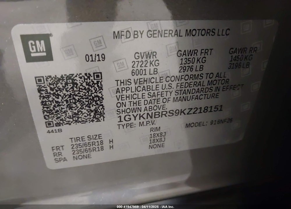 2019 CADILLAC XT5 VIN: 1GYKNBRS9KZ218151