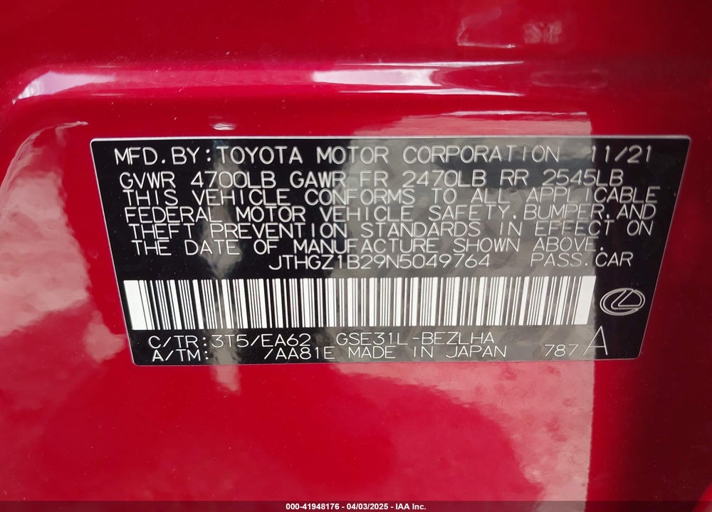 2022 LEXUS IS 350 VIN: JTHGZ1B29N5049764