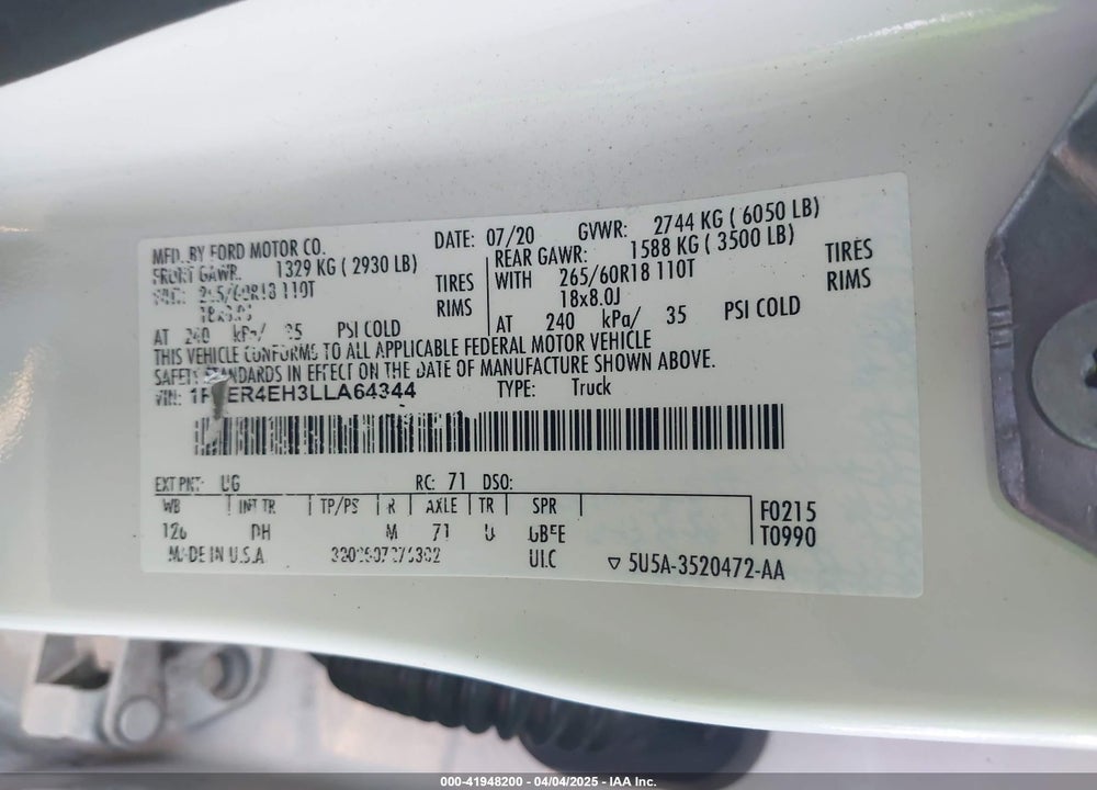 2020 FORD RANGER VIN: 1FTER4EH3LLA64344