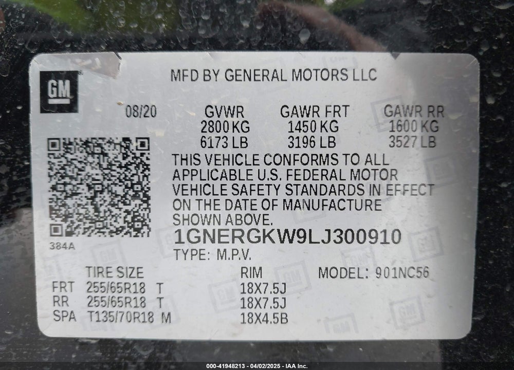 2020 CHEVROLET TRAVERSE FWD LT CLOTH VIN: 1GNERGKW9LJ300910
