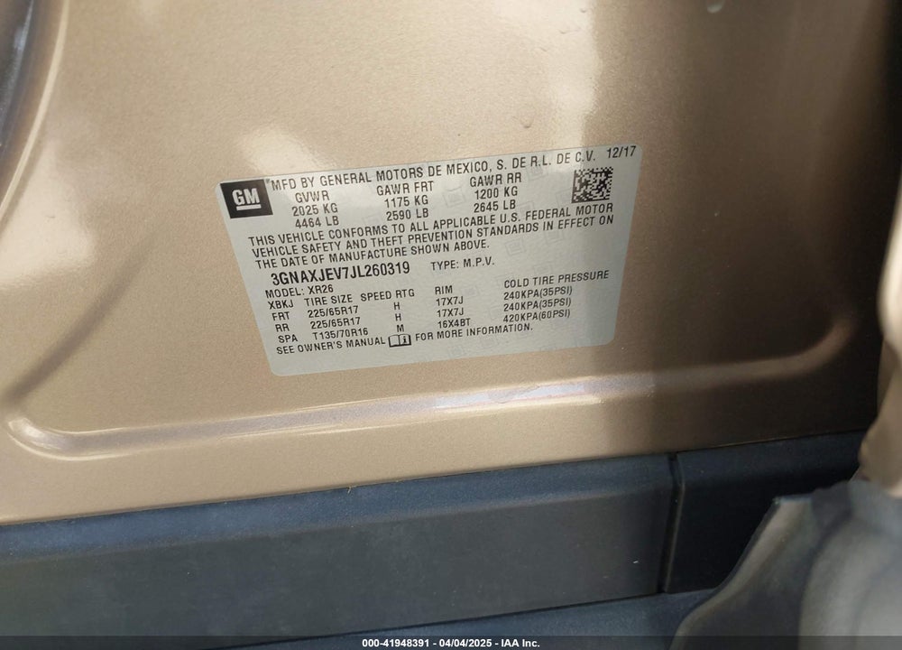 2018 CHEVROLET EQUINOX LT VIN: 3GNAXJEV7JL260319