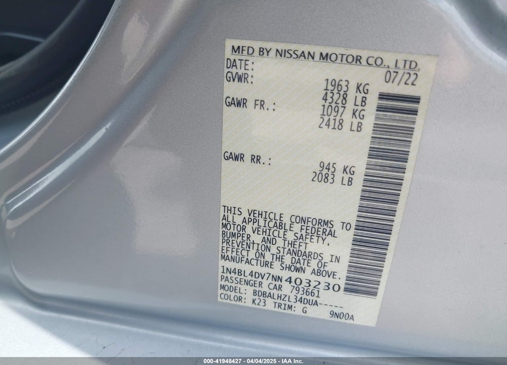 2022 NISSAN ALTIMA VIN: 1N4BL4DV7NN403230