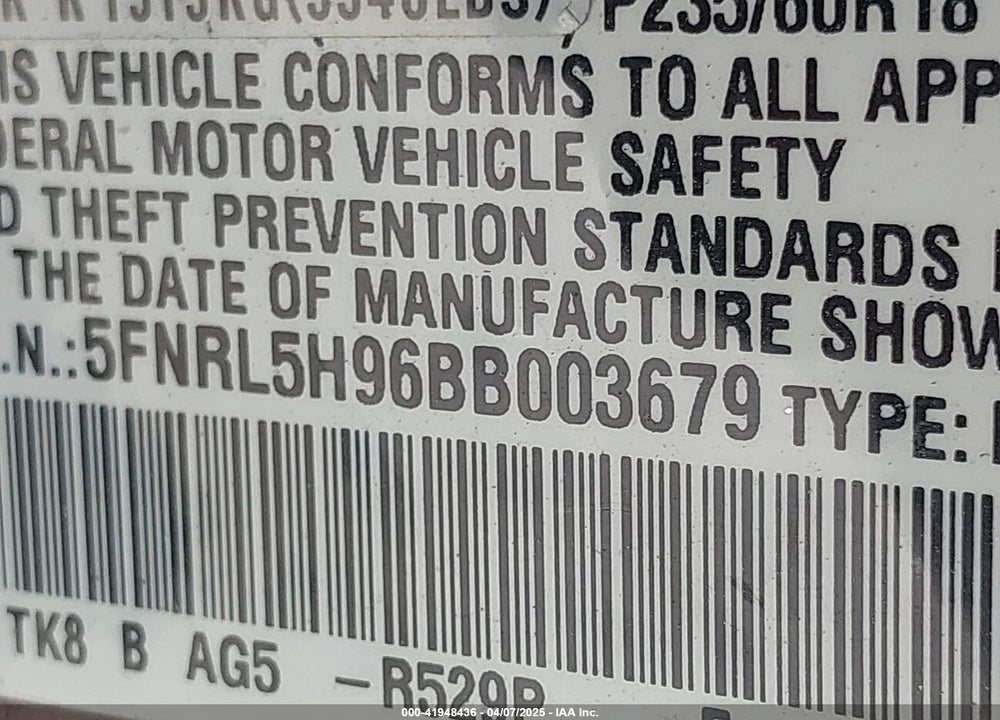 2011 HONDA ODYSSEY TOURING/TOURING ELITE VIN: 5FNRL5H96BB003679