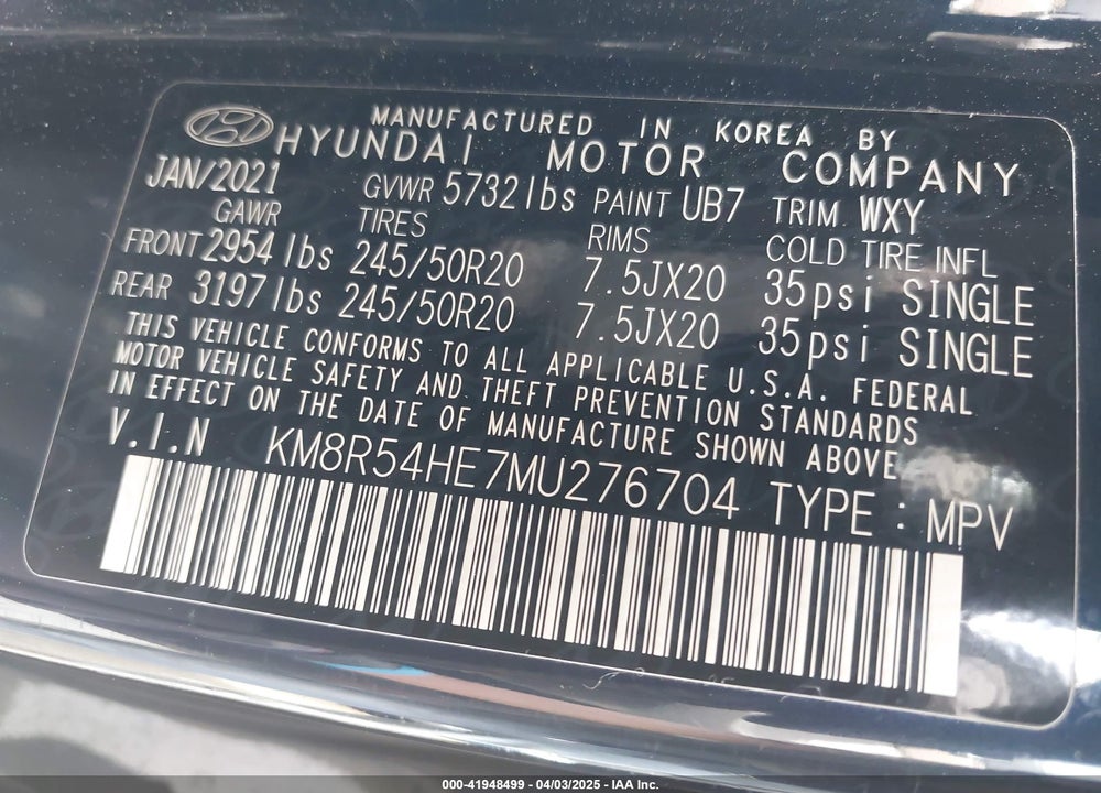 2021 HYUNDAI PALISADE VIN: KM8R54HE7MU276704