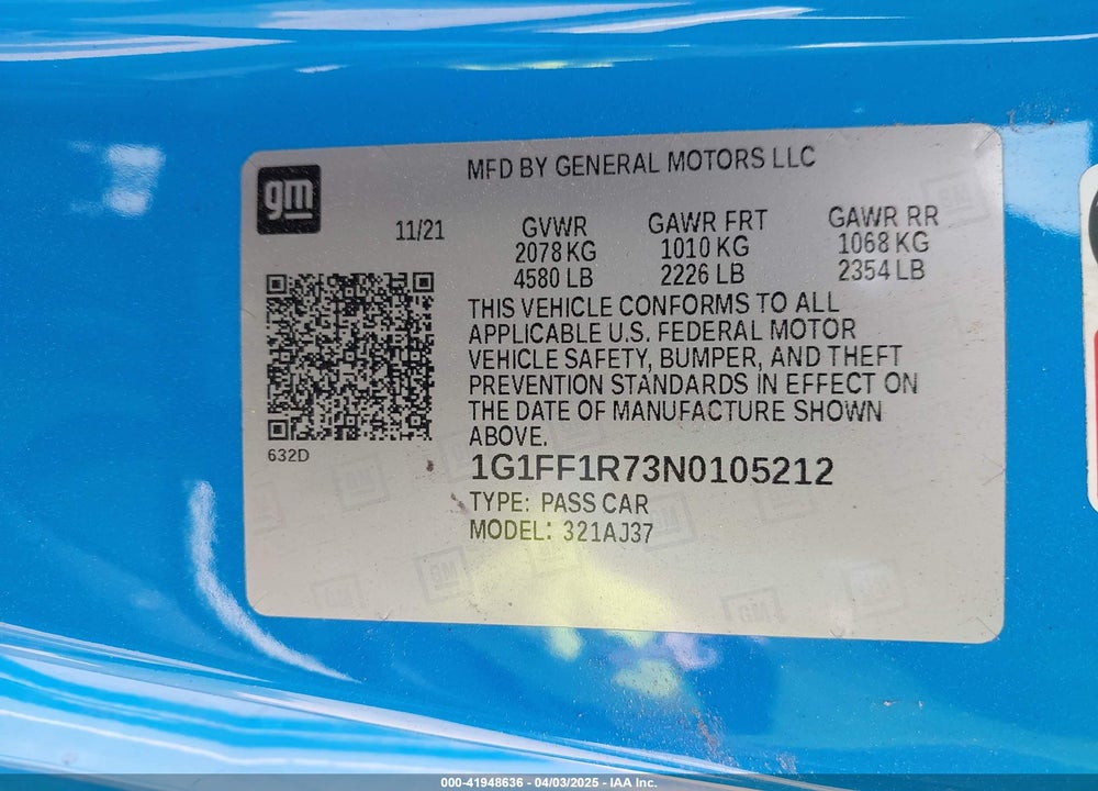 2022 CHEVROLET CAMARO RWD 1SS VIN: 1G1FF1R73N0105212
