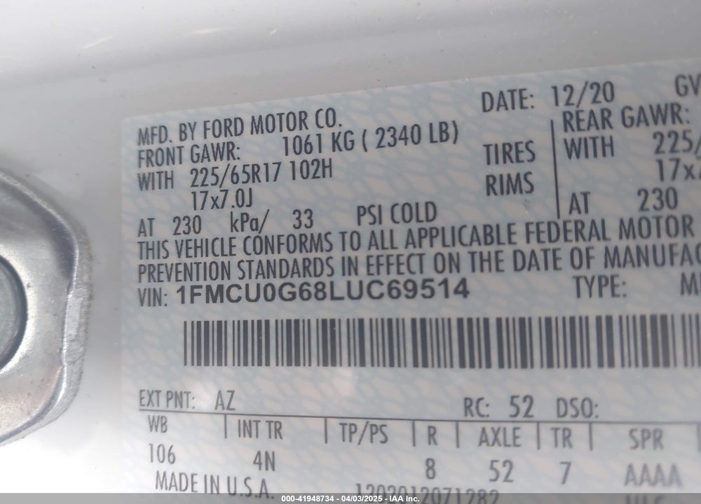2020 FORD ESCAPE VIN: 1FMCU0G68LUC69514