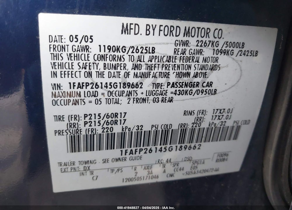 2005 FORD FIVE HUNDRED SE VIN: 1FAFP26145G189662