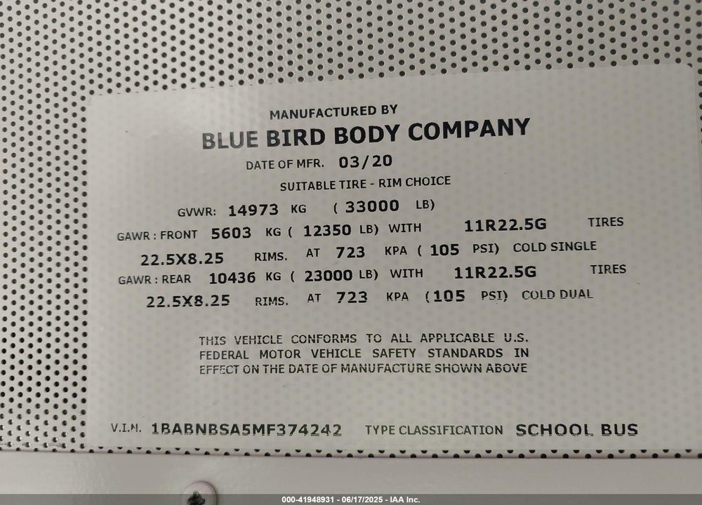 2021 BLUE BIRD SCHOOL BUS / TRANSIT BUS VIN: 1BABNBSA5MF374242