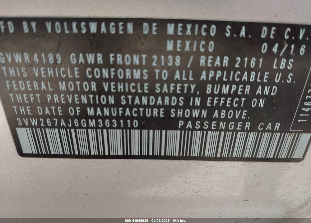 2016 VOLKSWAGEN JETTA VIN: 3VW267AJ6GM363110