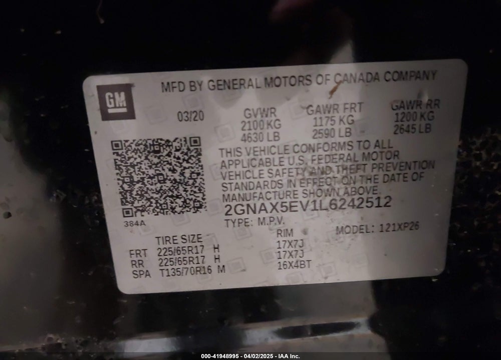 2020 CHEVROLET EQUINOX AWD 1FL VIN: 2GNAX5EV1L6242512