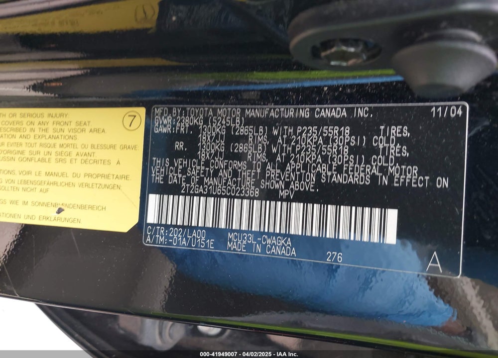 2005 LEXUS RX 330 VIN: 2T2GA31U65C023368
