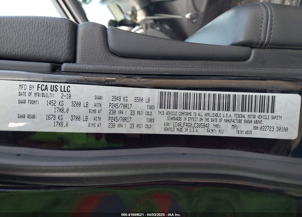 2018 JEEP GRAND CHEROKEE VIN: 1C4RJFAG0JC305842