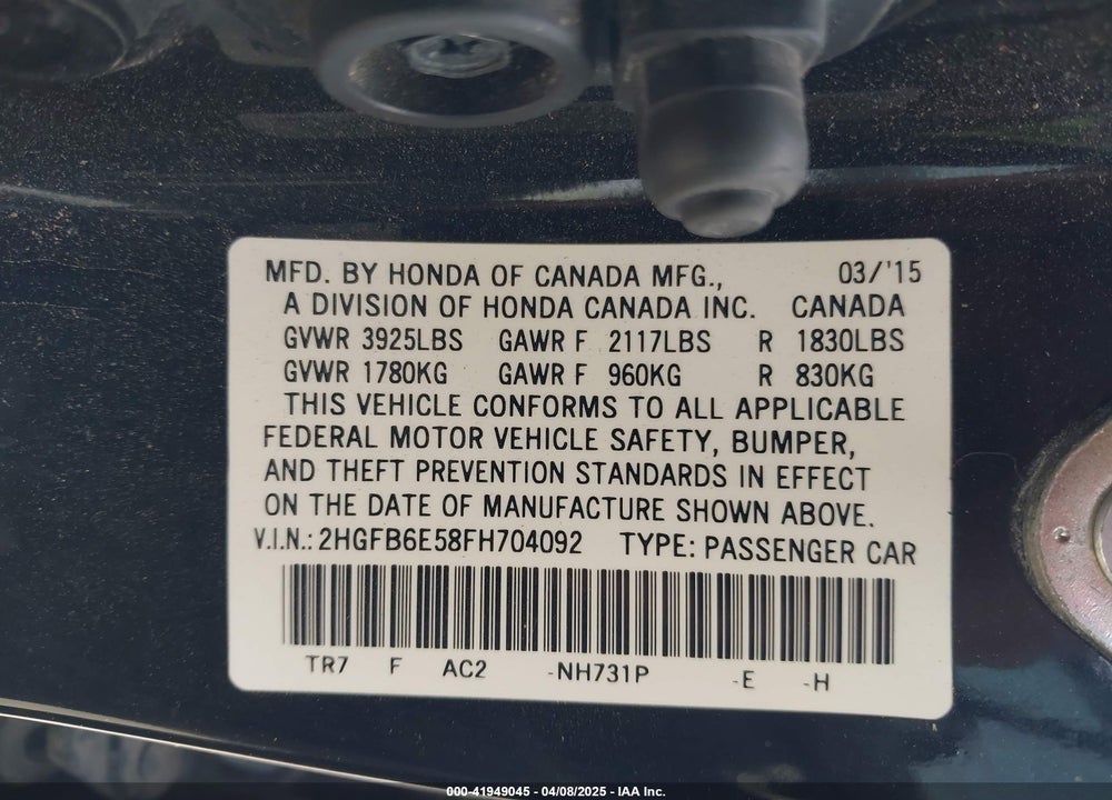 2015 HONDA CIVIC VIN: 2HGFB6E58FH704092