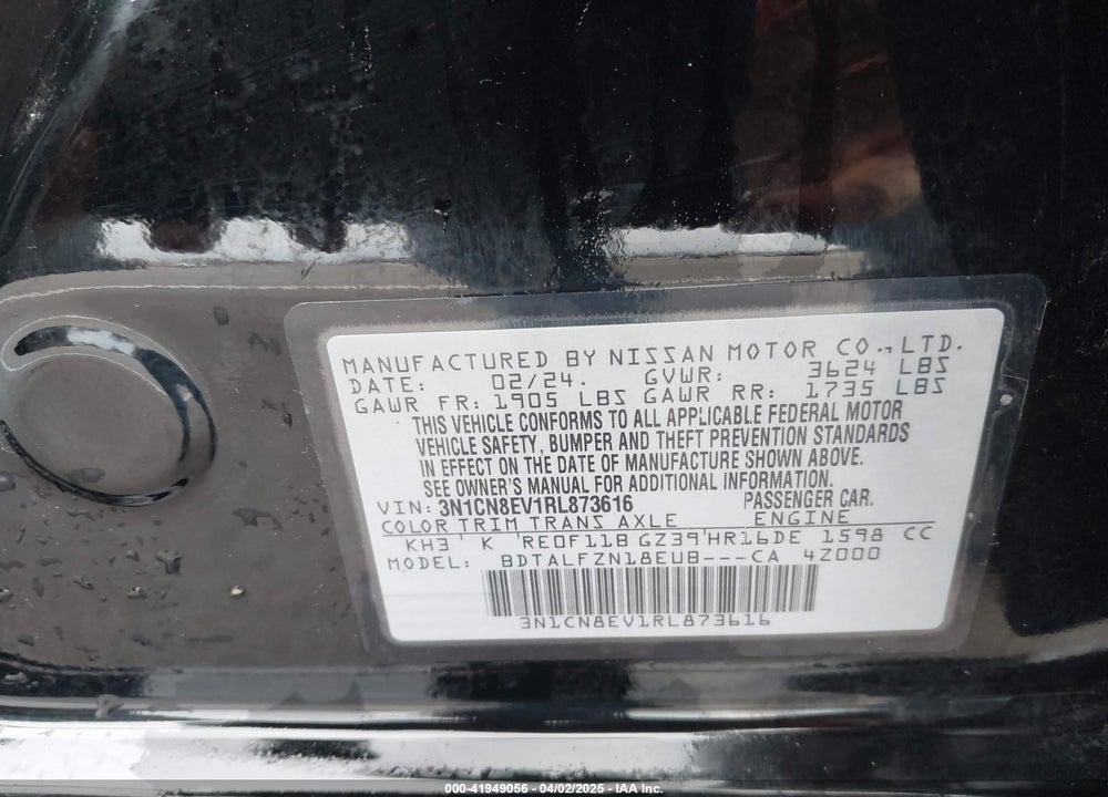 2024 NISSAN VERSA VIN: 3N1CN8EV1RL873616