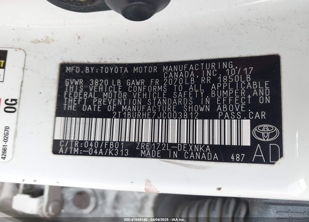 2018 TOYOTA COROLLA VIN: 2T1BURHE7JC003812