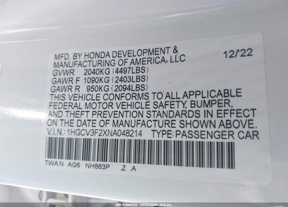 2022 HONDA ACCORD HYBRID SPORT VIN: 1HGCV3F2XNA048214