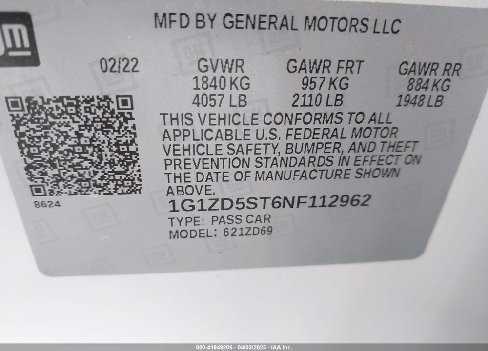 2022 CHEVROLET MALIBU FWD LT VIN: 1G1ZD5ST6NF112962