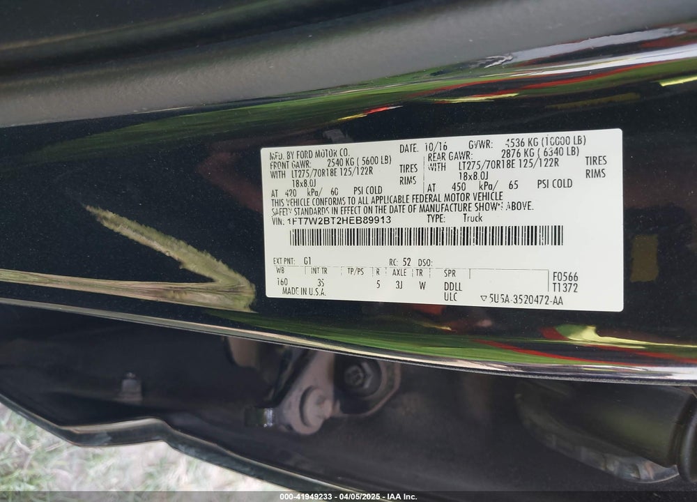 2017 FORD F-250 VIN: 1FT7W2BT2HEB89913