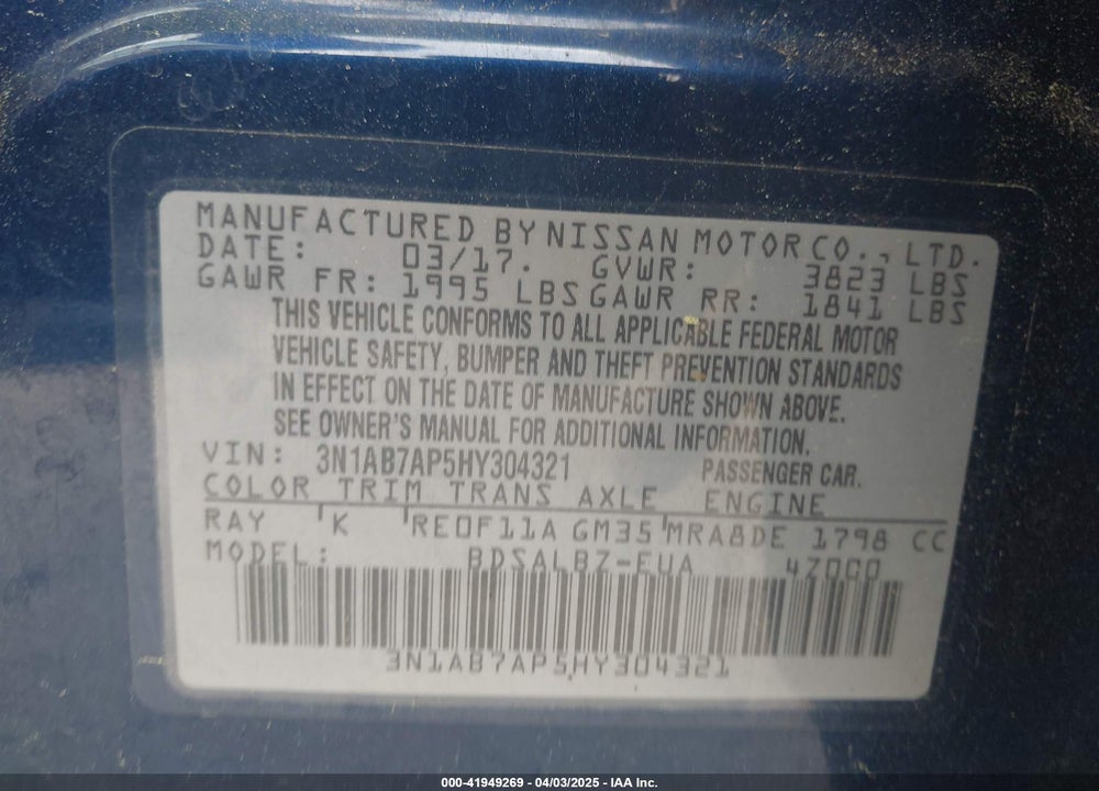 2017 NISSAN SENTRA VIN: 3N1AB7AP5HY304321