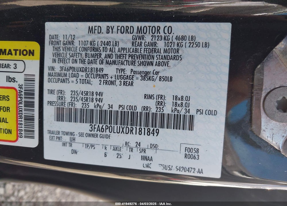 2013 FORD FUSION SE HYBRID VIN: 3FA6P0LUXDR181849