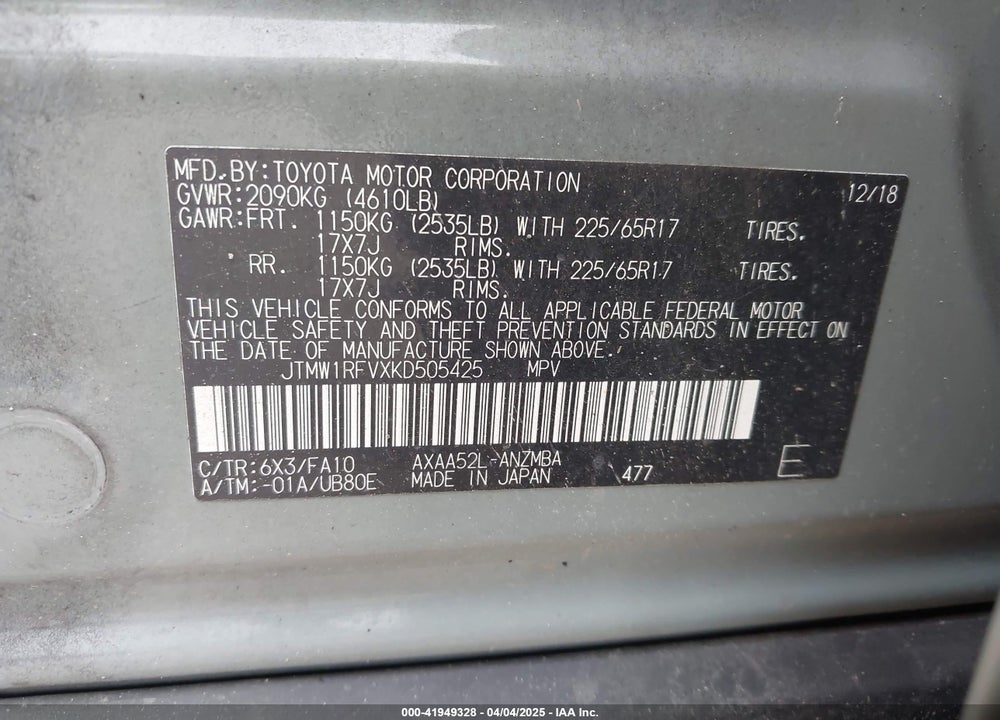 2019 TOYOTA RAV4 VIN: JTMW1RFVXKD505425
