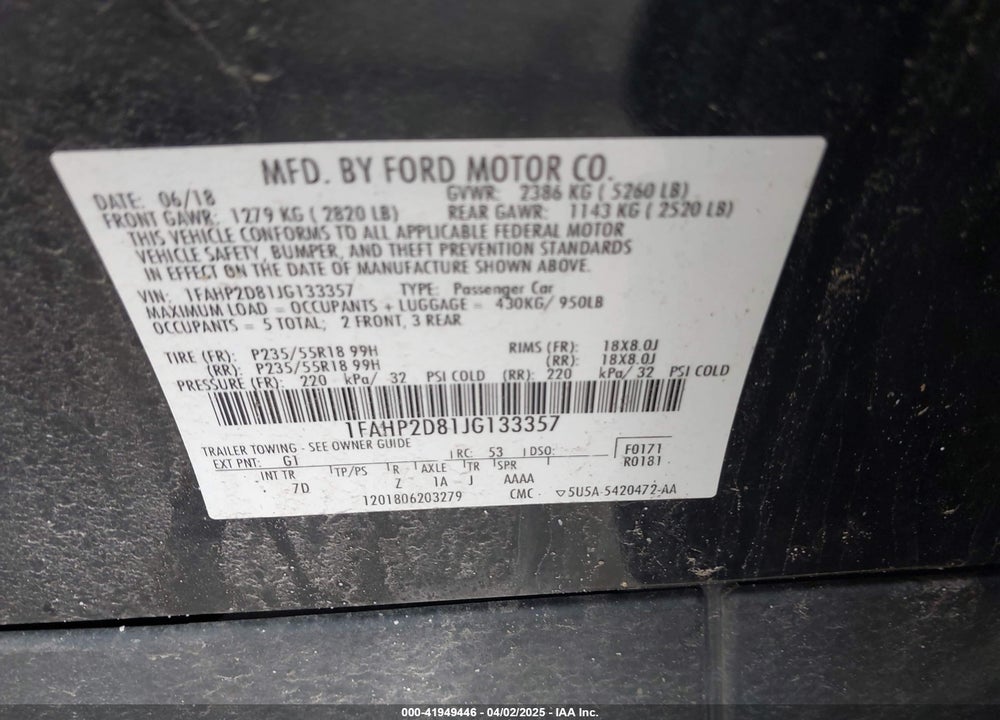 2018 FORD TAURUS VIN: 1FAHP2D81JG133357