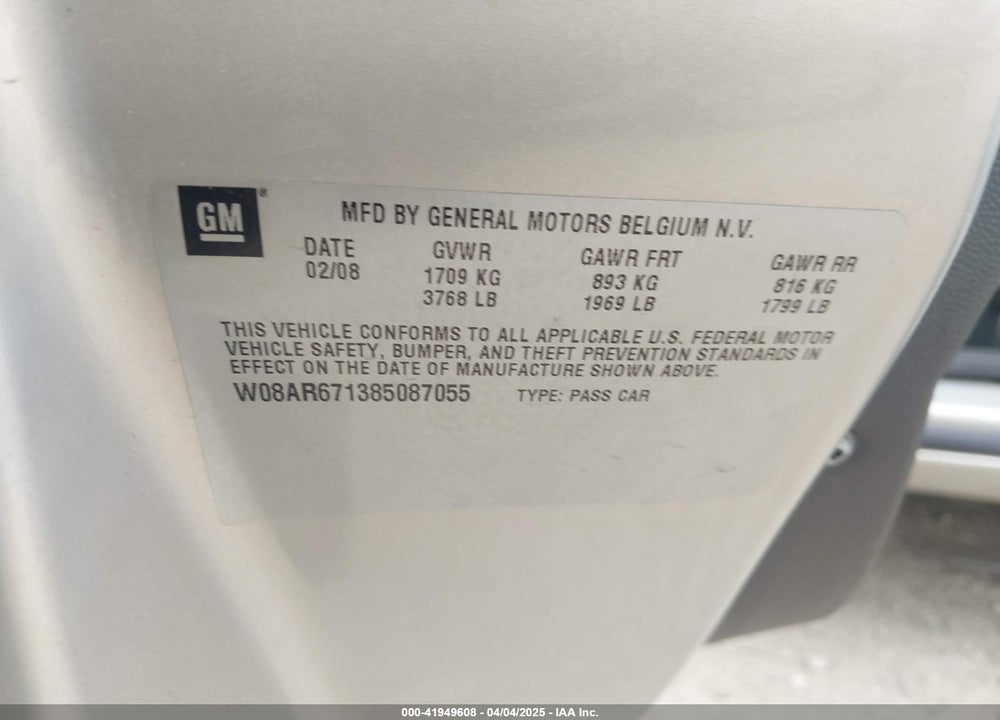 2008 SATURN ASTRA XE VIN: W08AR671385087055