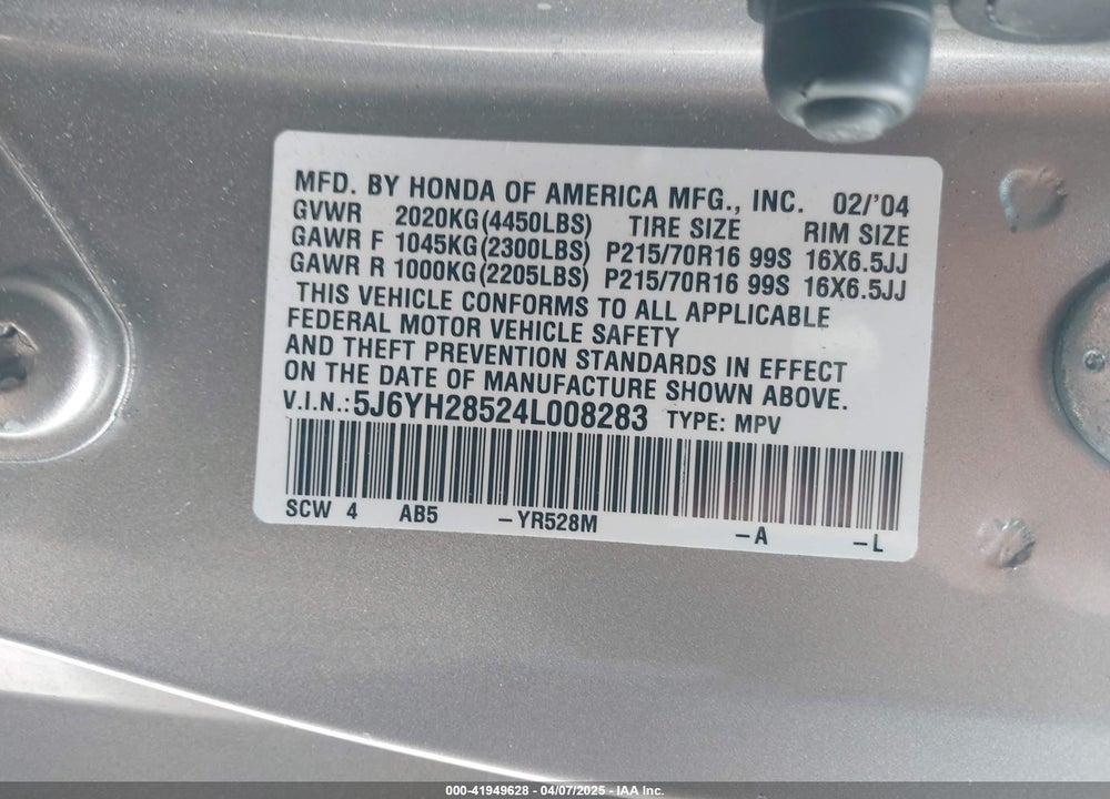 2004 HONDA ELEMENT EX VIN: 5J6YH28524L008283