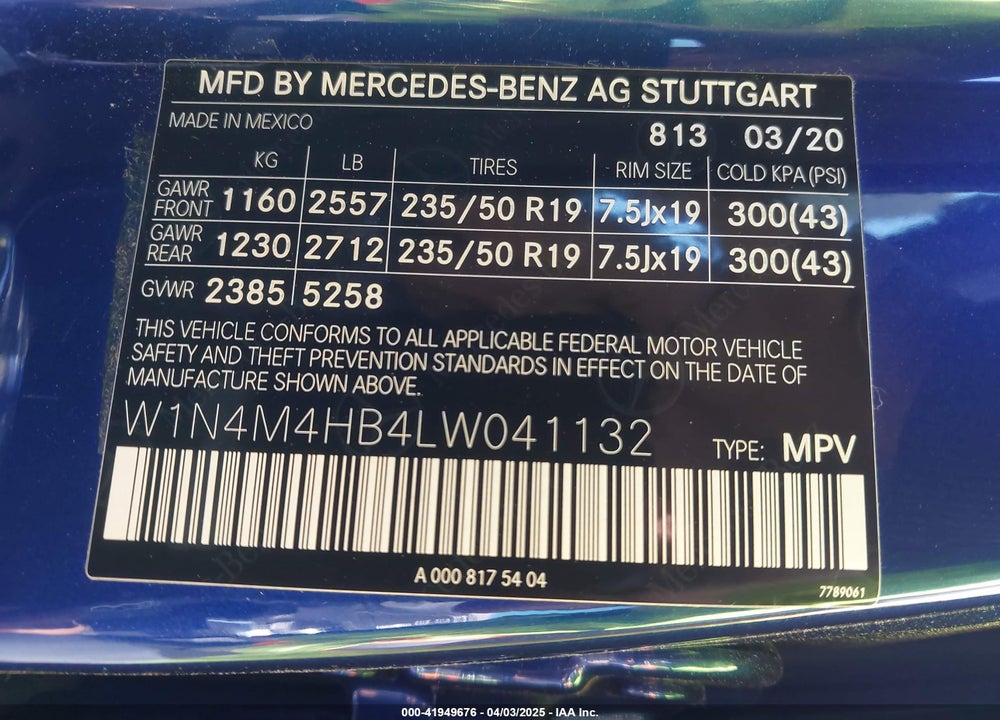 2020 MERCEDES-BENZ GLB-CLASS VIN: W1N4M4HB4LW041132