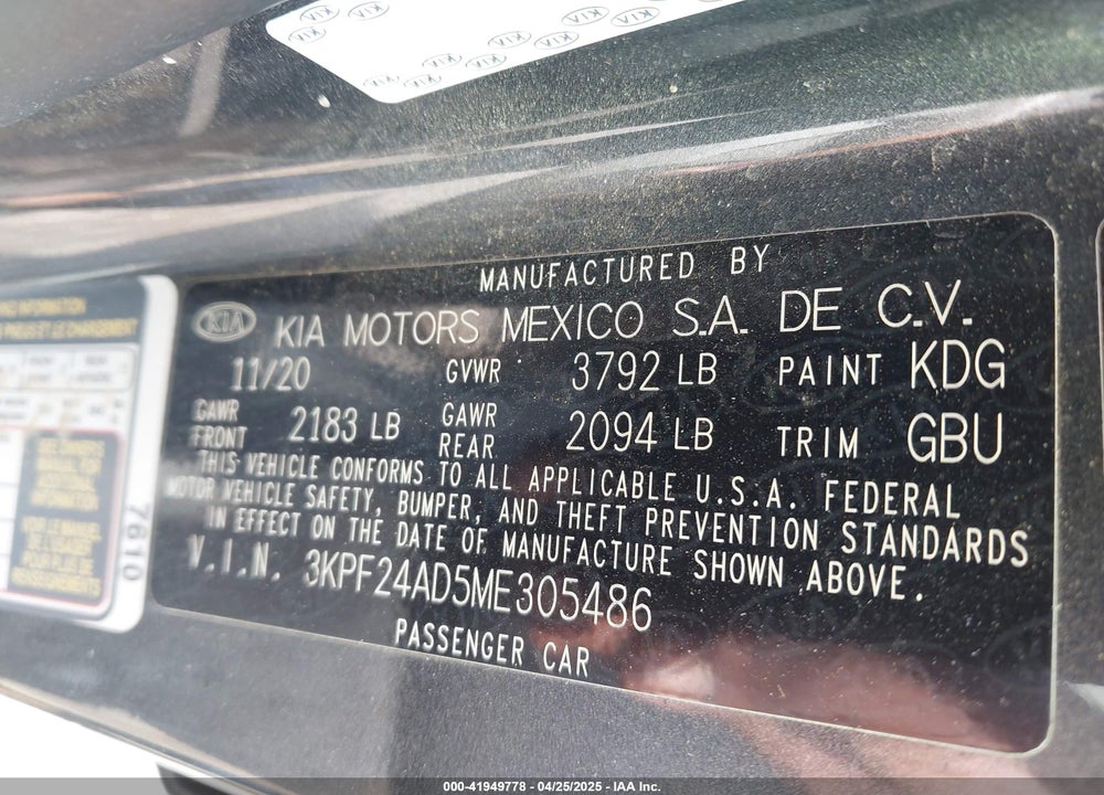 2021 KIA FORTE VIN: 3KPF24AD5ME305486