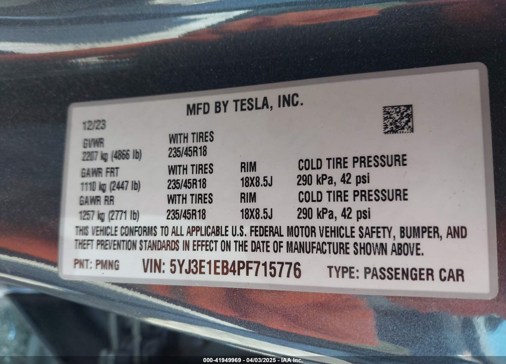 2023 TESLA MODEL 3 LONG RANGE DUAL MOTOR ALL-WHEEL DRIVE VIN: 5YJ3E1EB4PF715776