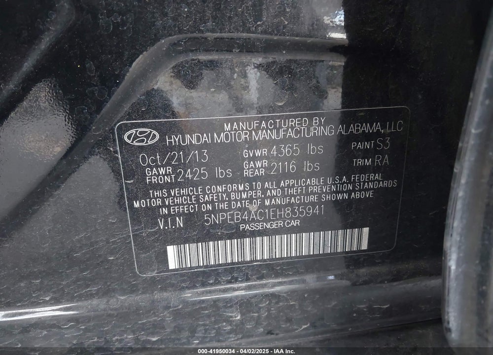 2014 HYUNDAI SONATA VIN: 5NPEB4AC1EH835941