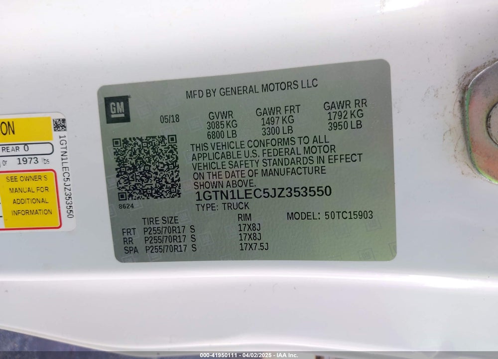 2018 GMC SIERRA 1500 VIN: 1GTN1LEC5JZ353550