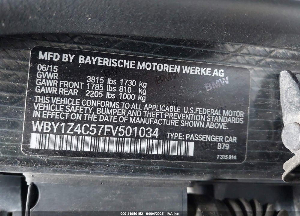 2015 BMW I3 BASE W/RANGE EXTENDER VIN: WBY1Z4C57FV501034