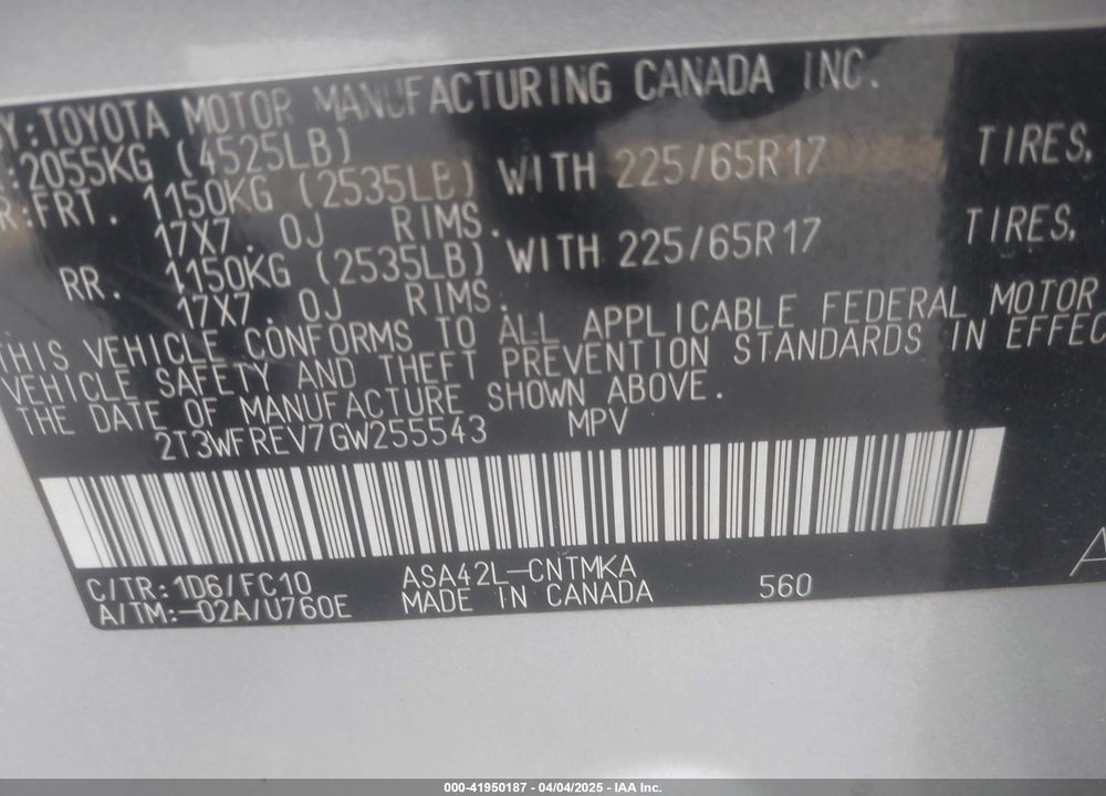2016 TOYOTA RAV4 VIN: 2T3WFREV7GW255543