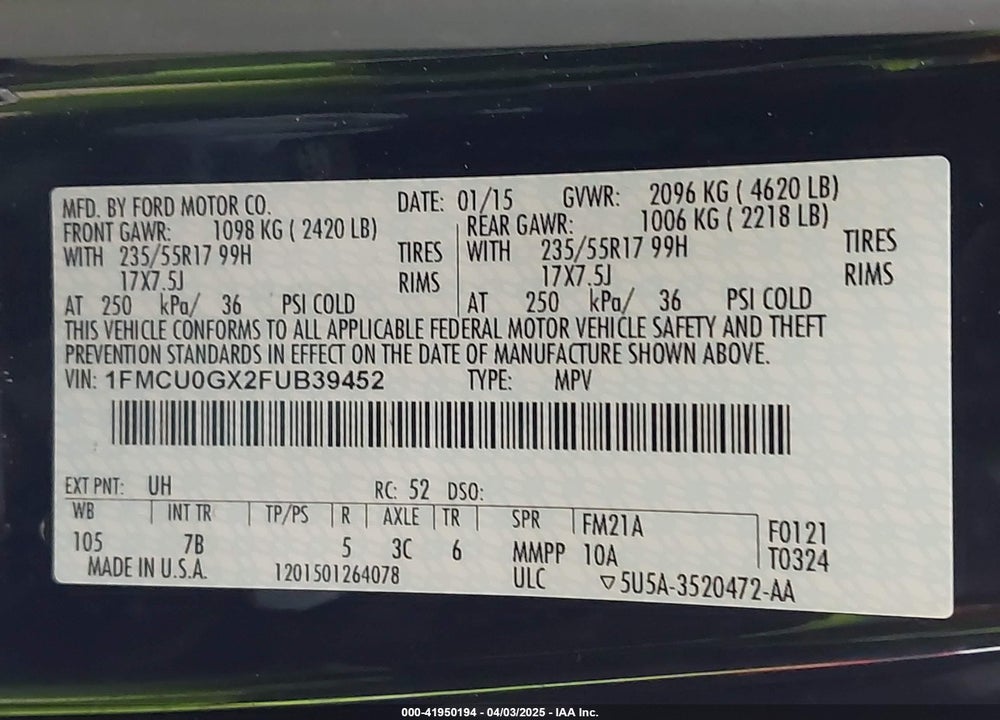 2015 FORD ESCAPE VIN: 1FMCU0GX2FUB39452