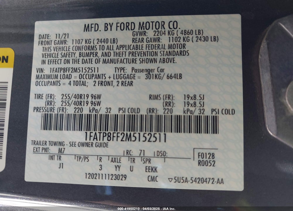 2021 FORD MUSTANG VIN: 1FATP8FF2M5152511