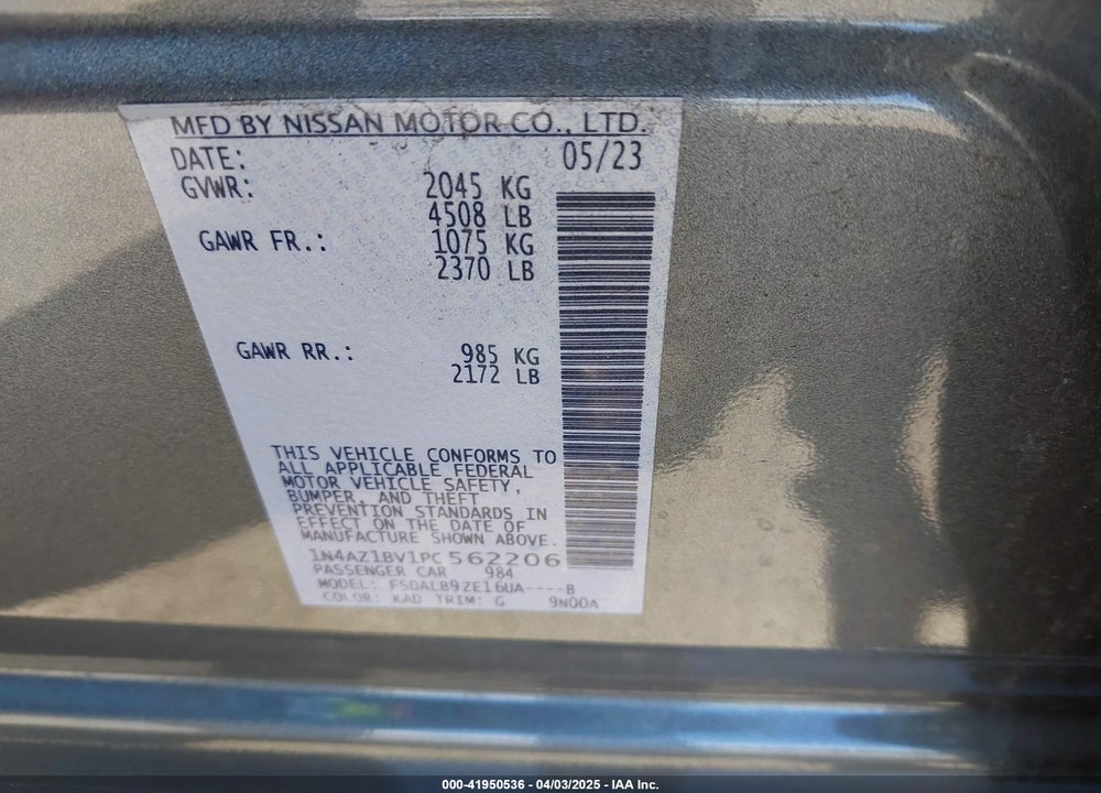 2023 NISSAN LEAF S 40 KWH VIN: 1N4AZ1BV1PC562206