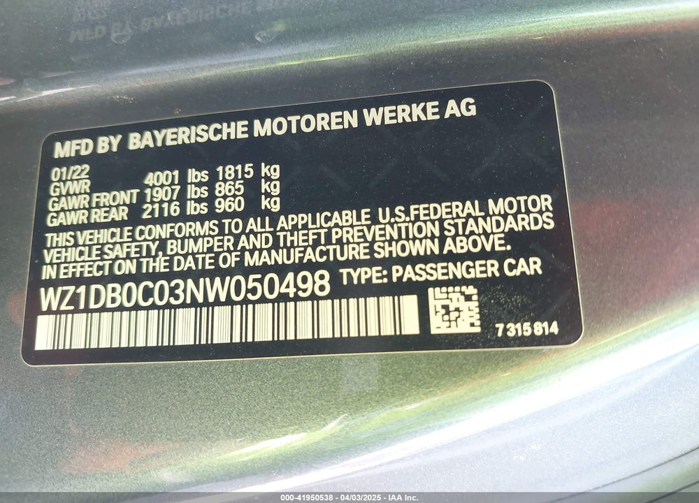 2022 TOYOTA GR SUPRA 3.0 PREMIUM VIN: WZ1DB0C03NW050498